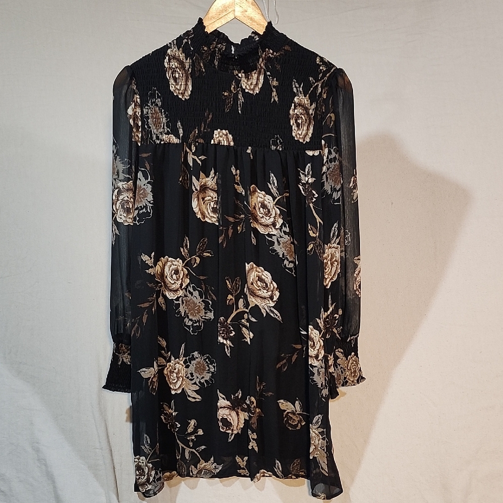 Ophelia Roe Floral Black Dress With Sheer Sleeves. Smocking On Chest Size Med